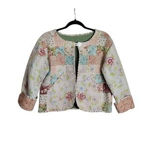Vintage Floral Patchwork Quilted Jacket Open Front Cottagecore Pastel Pink Green